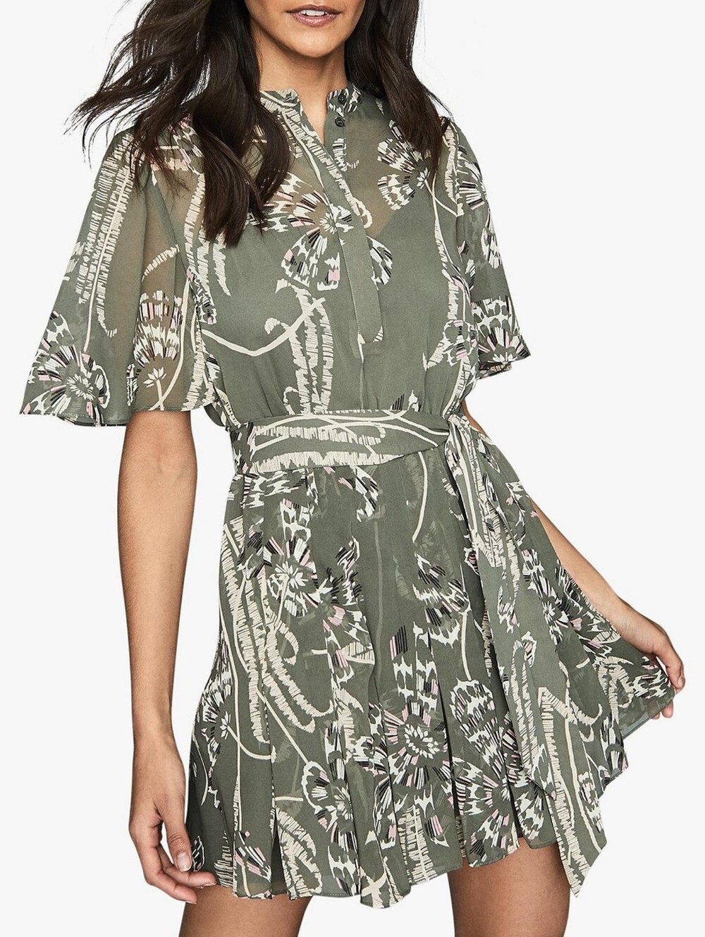 Reiss Olive Green Floral Print Mini Dress